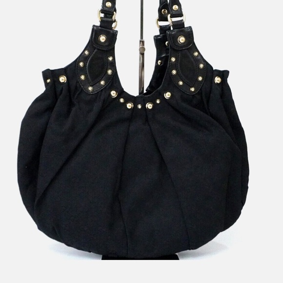 Authentic GUCCI Shoulder Bag GG Canvas and Leather Pelham Studded Hobo Black - Picture 3 of 6